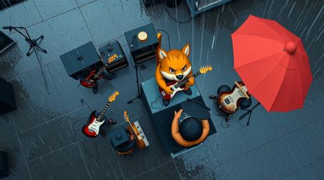 A captivating animation showcases a cartoon animal rock band performing in a vibrant, wet, and rainy scene.  The overhead sho
