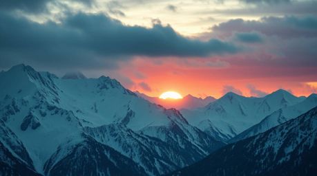 Experience the awe-inspiring beauty of snow-covered mountains bathed in a pastel sunset, rendered in warm terracotta and cool