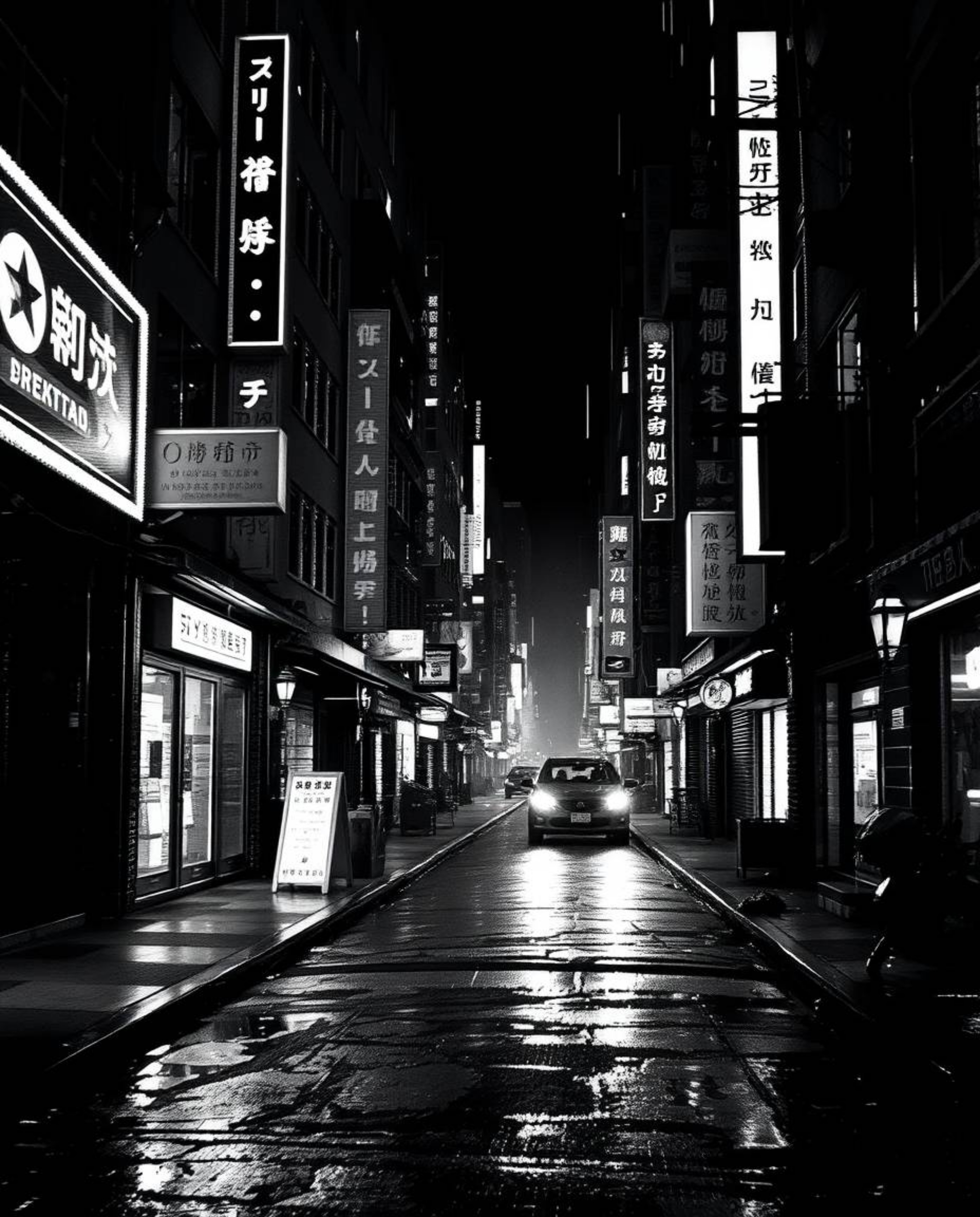 A timeless and elegant piece of digital art. This classic black and white pixelated glitch image depicts a cyberpunk street s