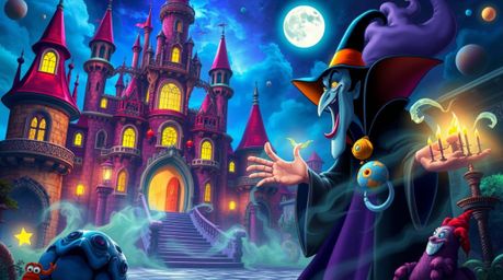 Experience a mesmerizing scene of a classic Disney villain casting a potent spell within the vibrant and surreal walls of an