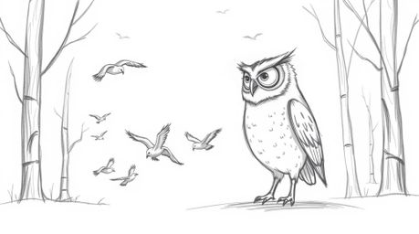 A heartwarming hand-drawn sketch in the style of Pixar depicts a wise, gentle blind owl patiently teaching a flock of birds t