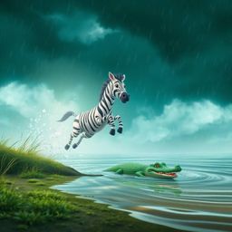A captivating image featuring a 3D cartoon zebra narrowly escaping a crocodile. The scene is imbued with an ethereal, spiritu