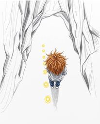 High-angle, hand-drawn sketch depicting a child with tousled brown hair, viewed from above, as they follow a trail of glowing