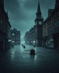 This high-resolution stock photo captures an empty town square bathed in dark tones, creating an unsettling and eerie atmosph