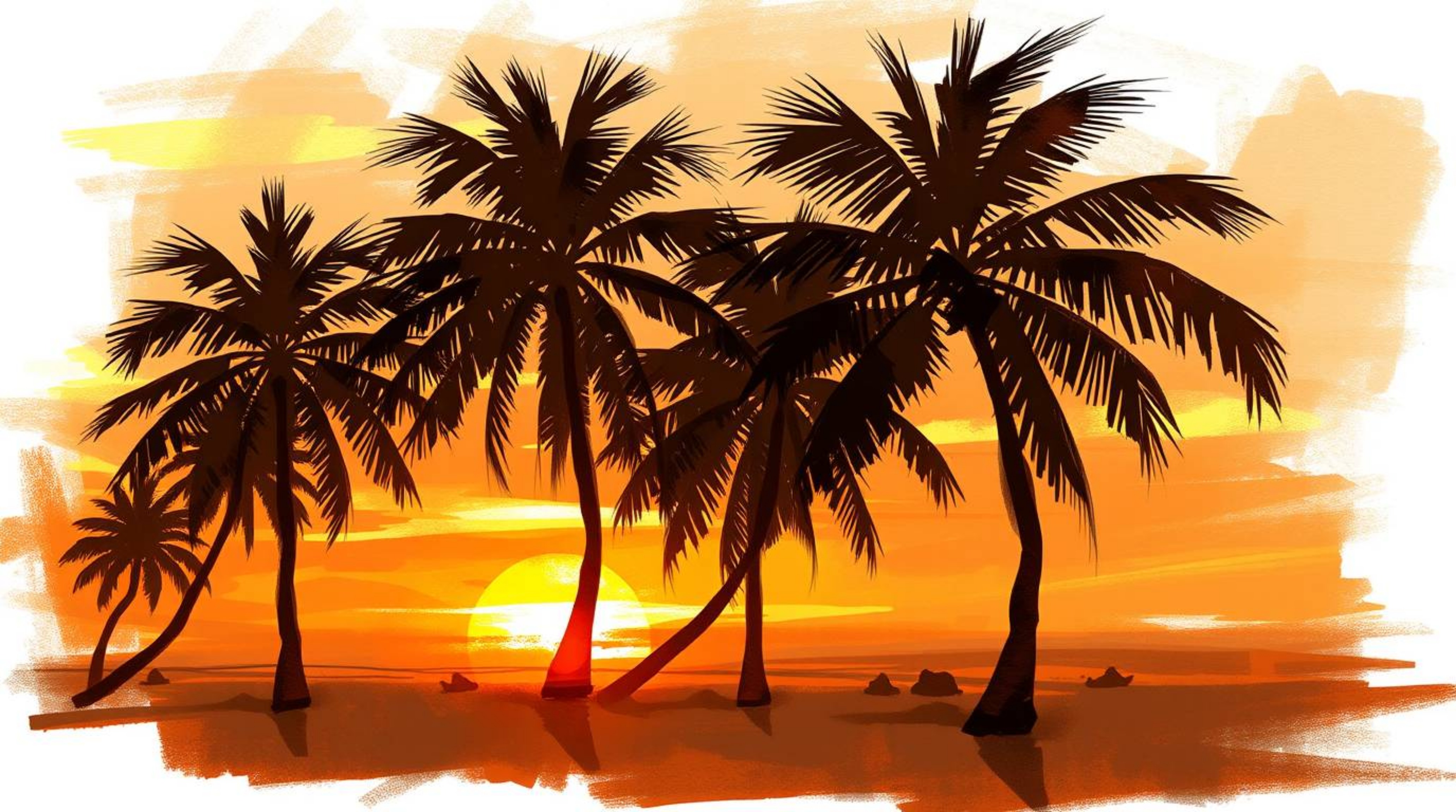 A dynamic digital sketch showcases a vibrant tropical beach sunset. Loose, painterly strokes in warm autumnal colors depict s