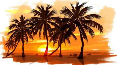 A dynamic digital sketch showcases a vibrant tropical beach sunset. Loose, painterly strokes in warm autumnal colors depict s
