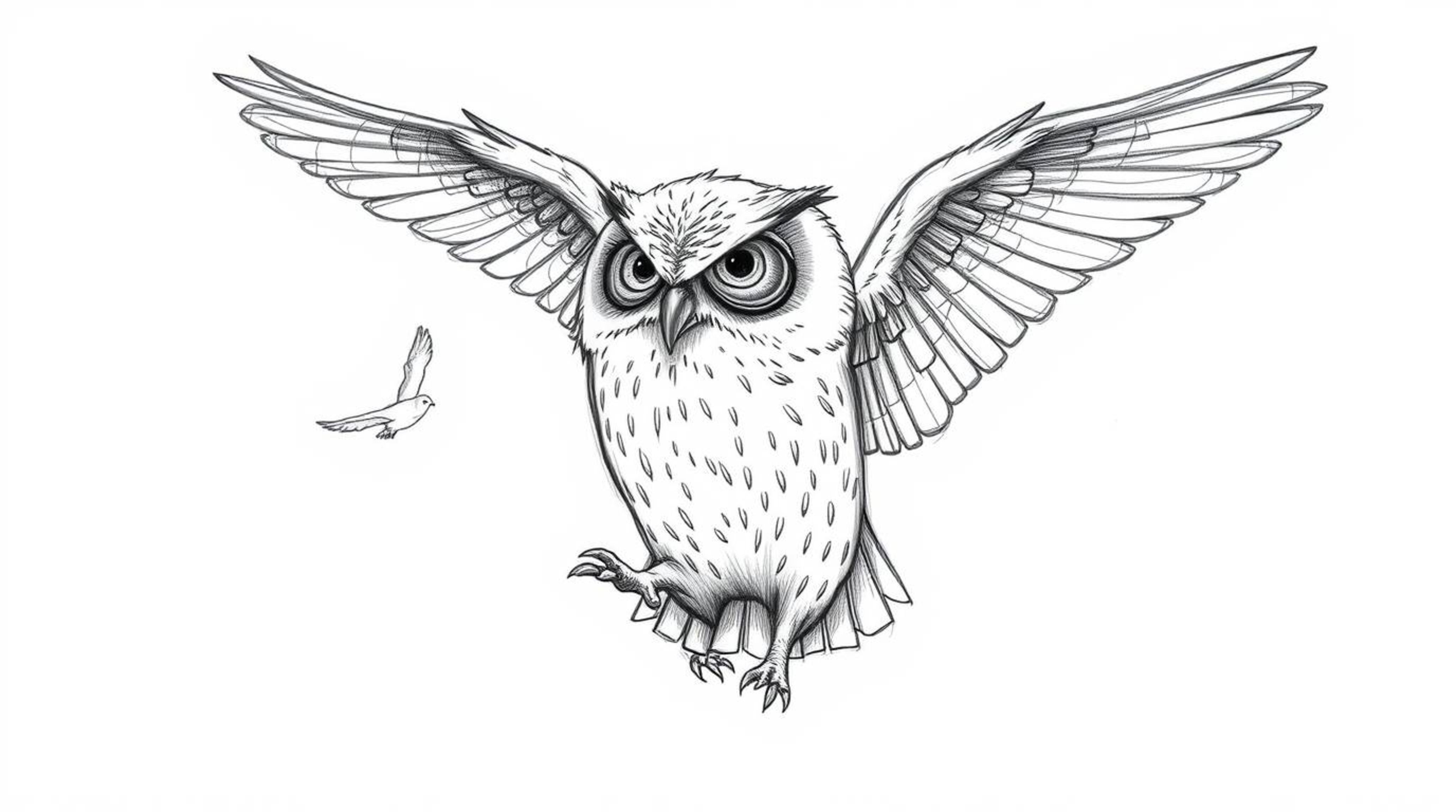A charming hand-drawn pencil sketch depicts a blind owl in Pixar style, bravely teaching a flock of birds how to fly.  The te