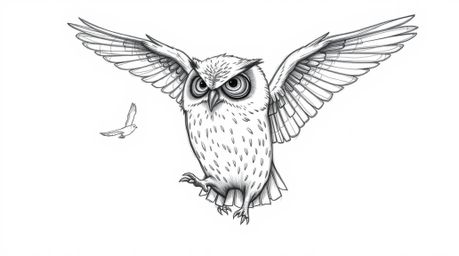 A charming hand-drawn pencil sketch depicts a blind owl in Pixar style, bravely teaching a flock of birds how to fly.  The te