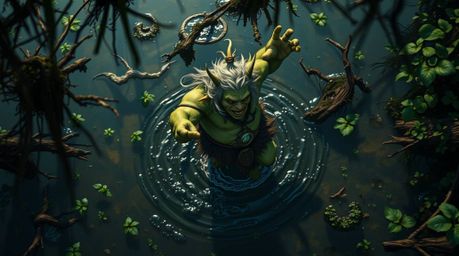 A high-resolution, professional-quality stock photo depicting an ogre joyfully dancing in a swamp.  Shot from a top-down pers