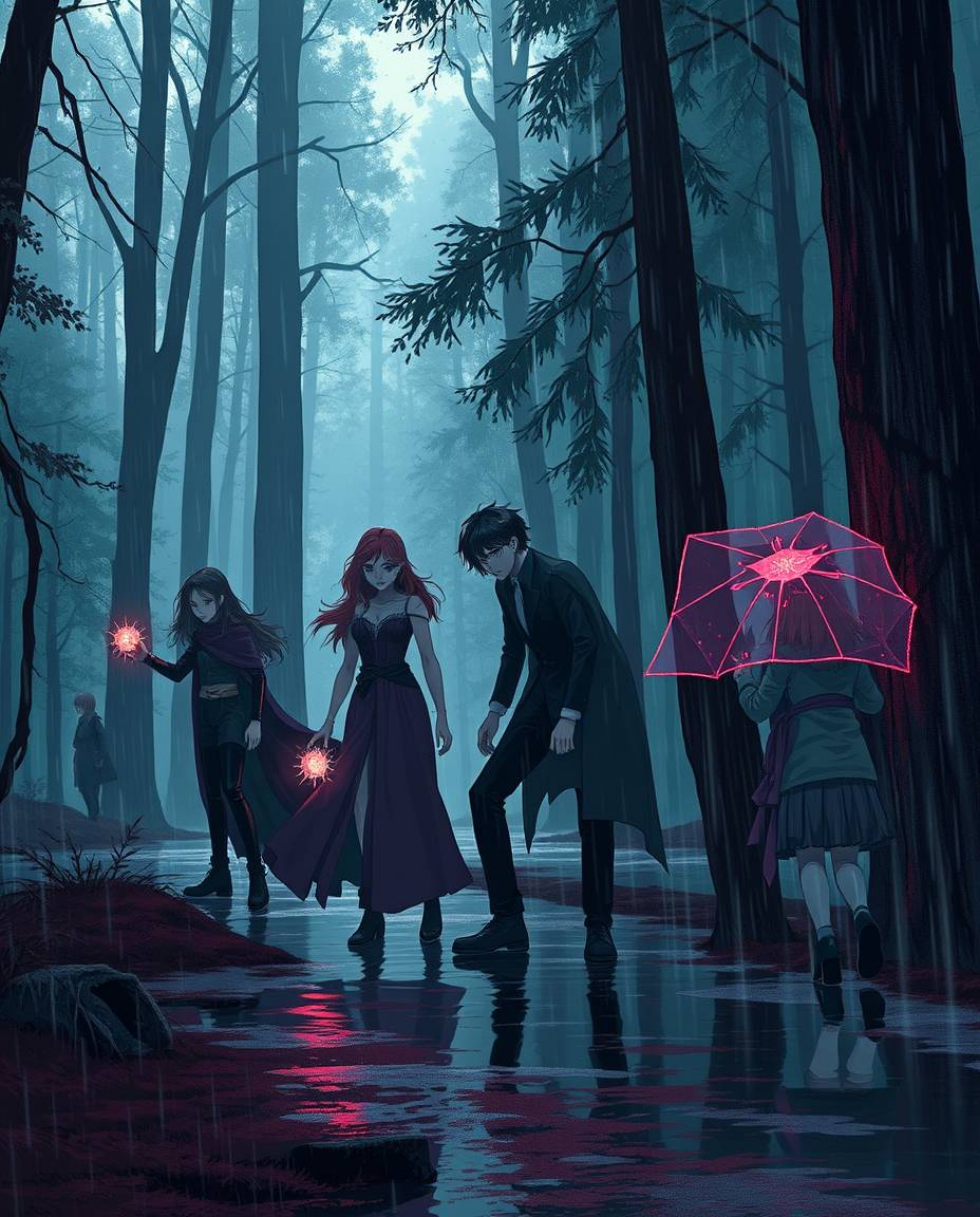 A captivating illustration showcases a group of friends possessing unique abilities, venturing through a lush, rain-soaked fo