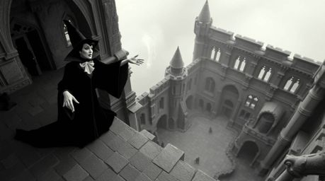 A captivating black and white photograph depicts a classic Disney villain casting a spell within the crumbling walls of a got
