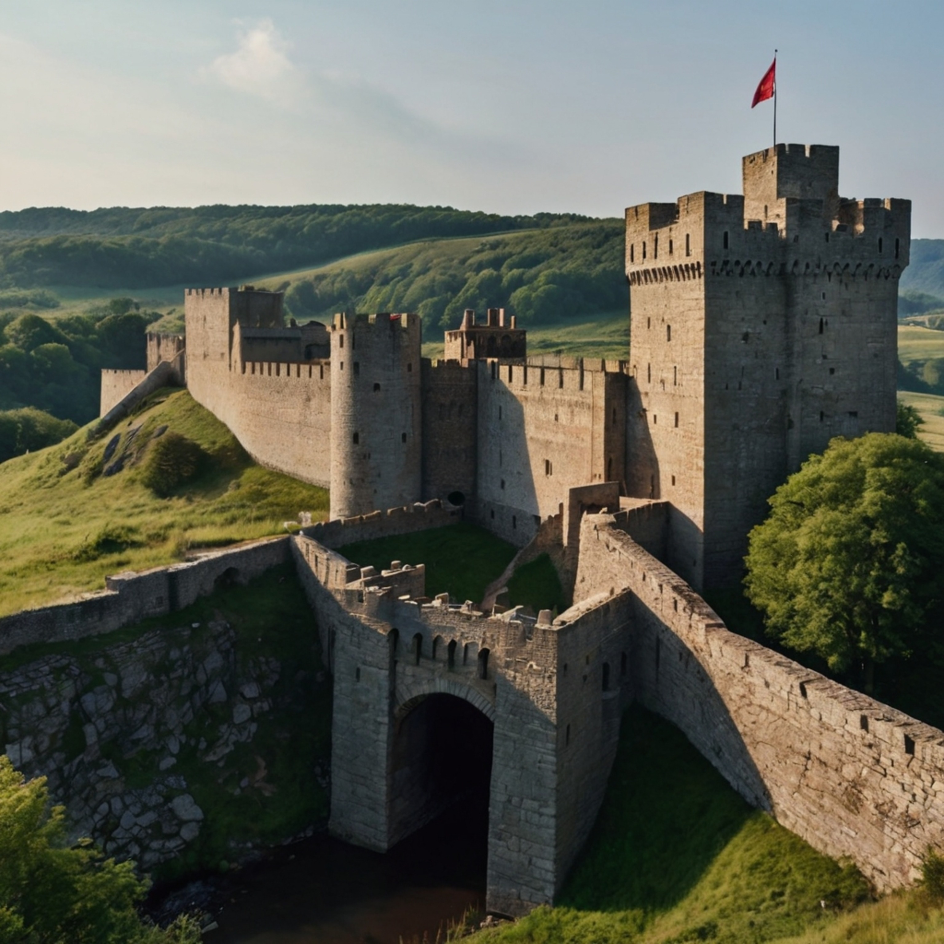 Explore a formidable medieval fortress, boasting a massive stone wall, a functional drawbridge, and a towering castle that co