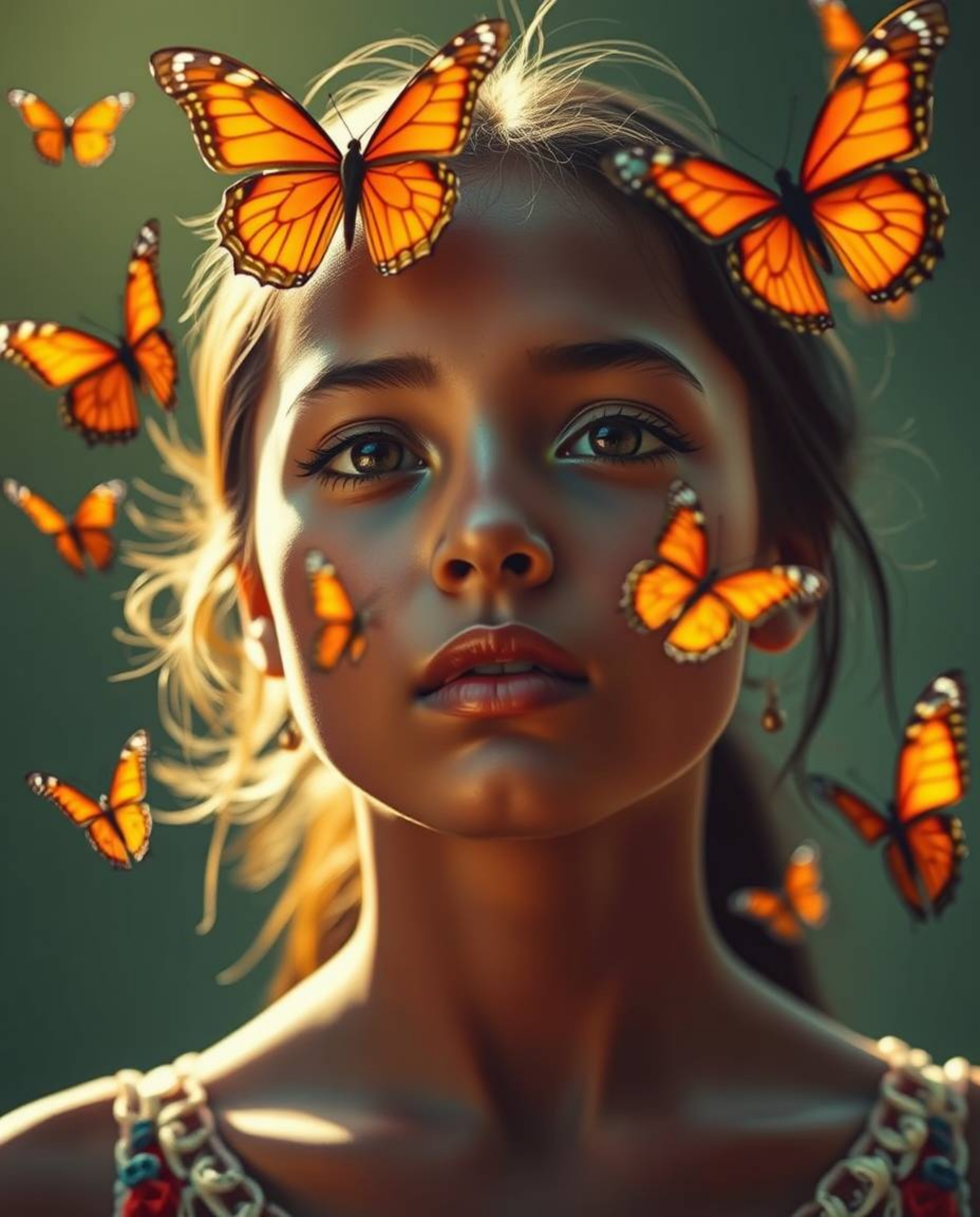A stunning image of a girl with olive skin and sharp features releasing butterflies into the air. The photograph is bathed in
