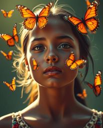 A stunning image of a girl with olive skin and sharp features releasing butterflies into the air. The photograph is bathed in