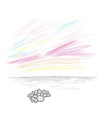 A hand-drawn sketch of a colorful sky over a coral reef at low tide, rendered in rough lines and textured pencil strokes on a