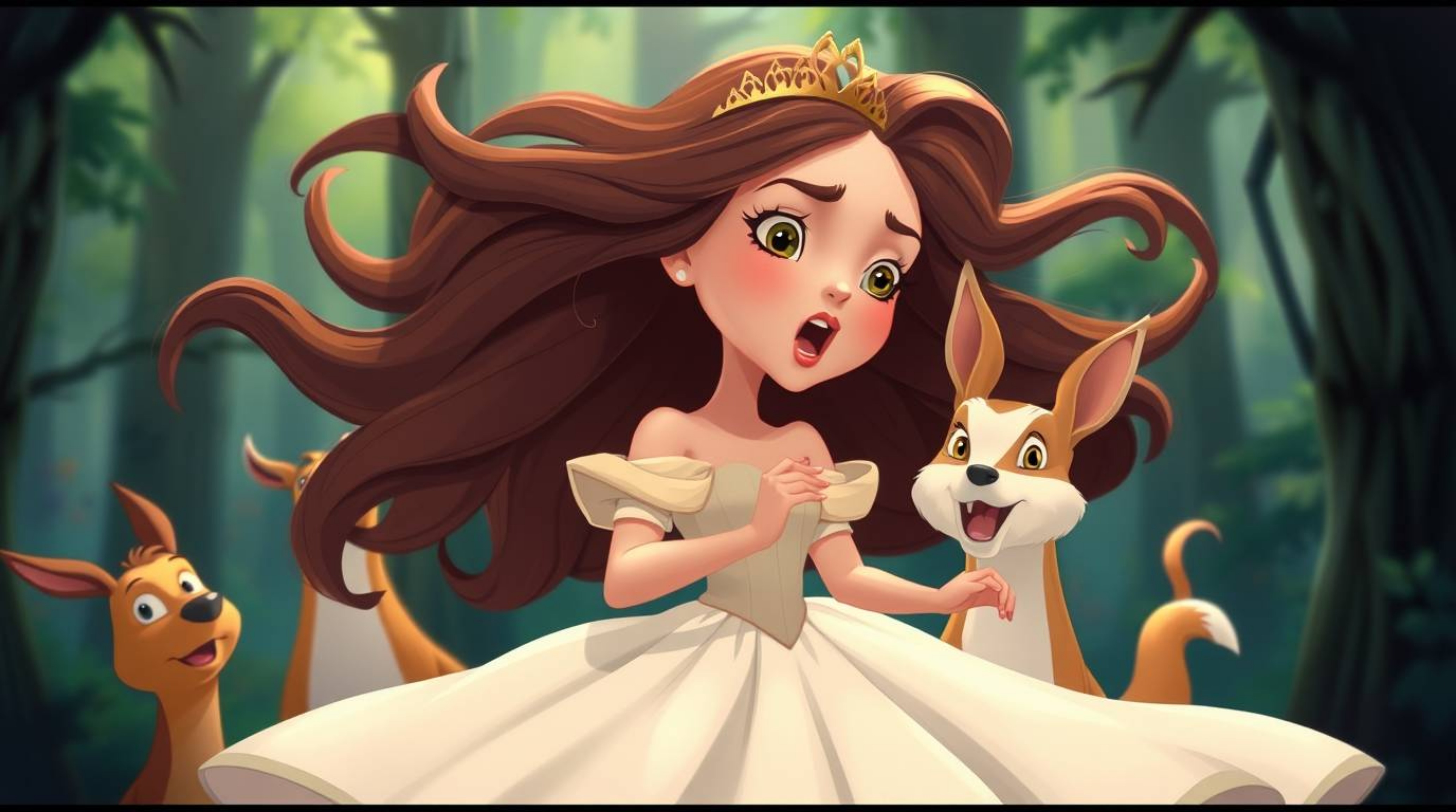 A captivating vintage 2D animation depicts a princess with flowing hair and a determined expression, dynamically singing alon