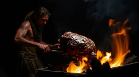 A dramatic and evocative photograph depicting a caveman cooking mammoth meat using high-contrast, low-key lighting and a long