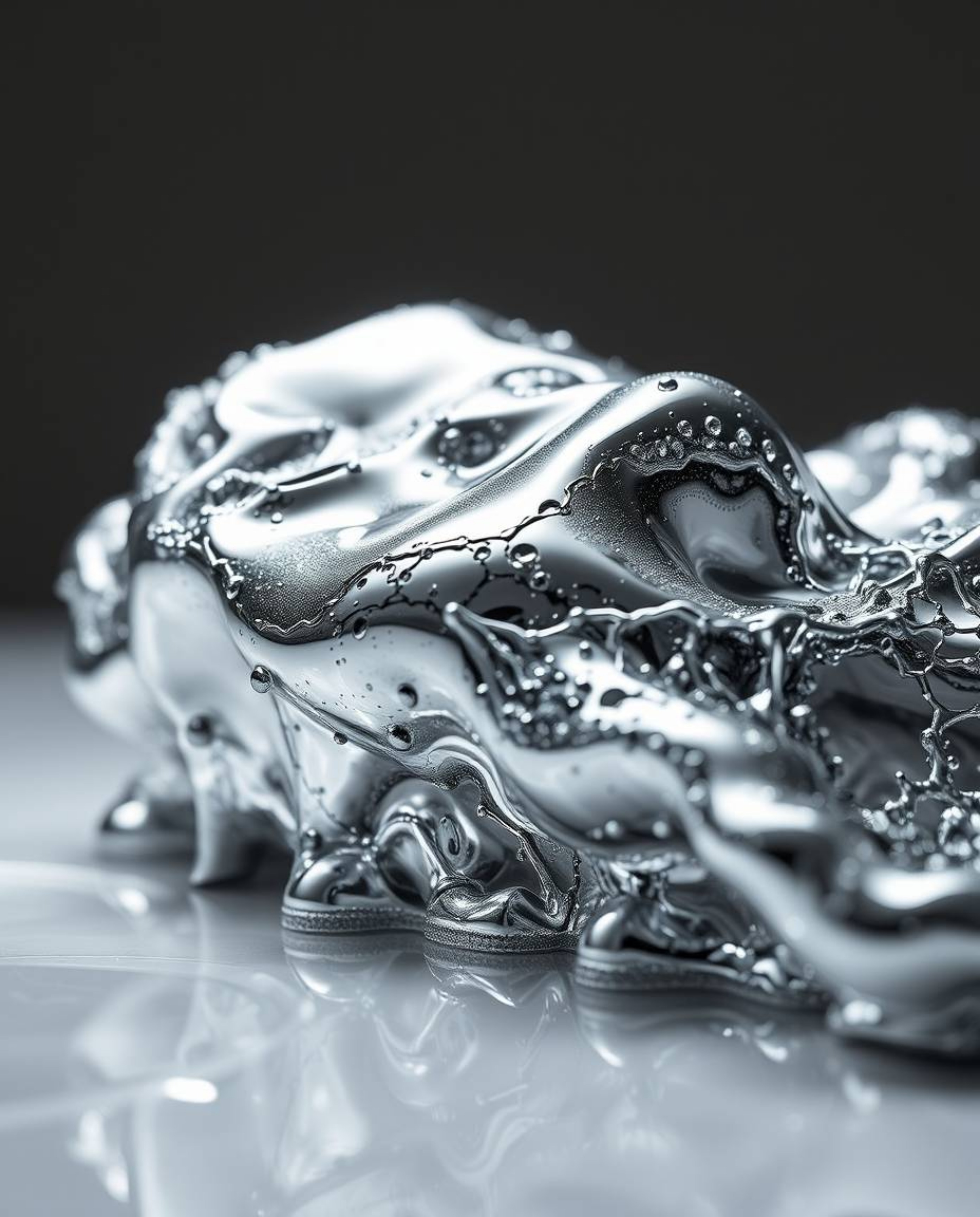 A mesmerizing close-up showcases the intricate textures and sculptural forms of 3D fluid mercury under controlled studio ligh