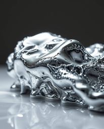 A mesmerizing close-up showcases the intricate textures and sculptural forms of 3D fluid mercury under controlled studio ligh