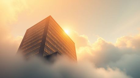 A captivating image showcases a modern glass building seemingly dissolving into a sky filled with soft clouds, shrouded in th