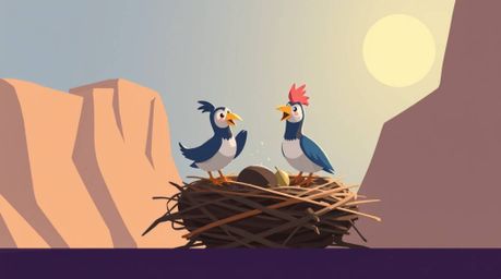 A modern flat design illustration depicts two cartoon birds diligently building a nest, rendered in a classic animation style