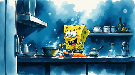 A captivating watercolor painting depicts a sponge character passionately cooking in a whimsical underwater kitchen. The artw