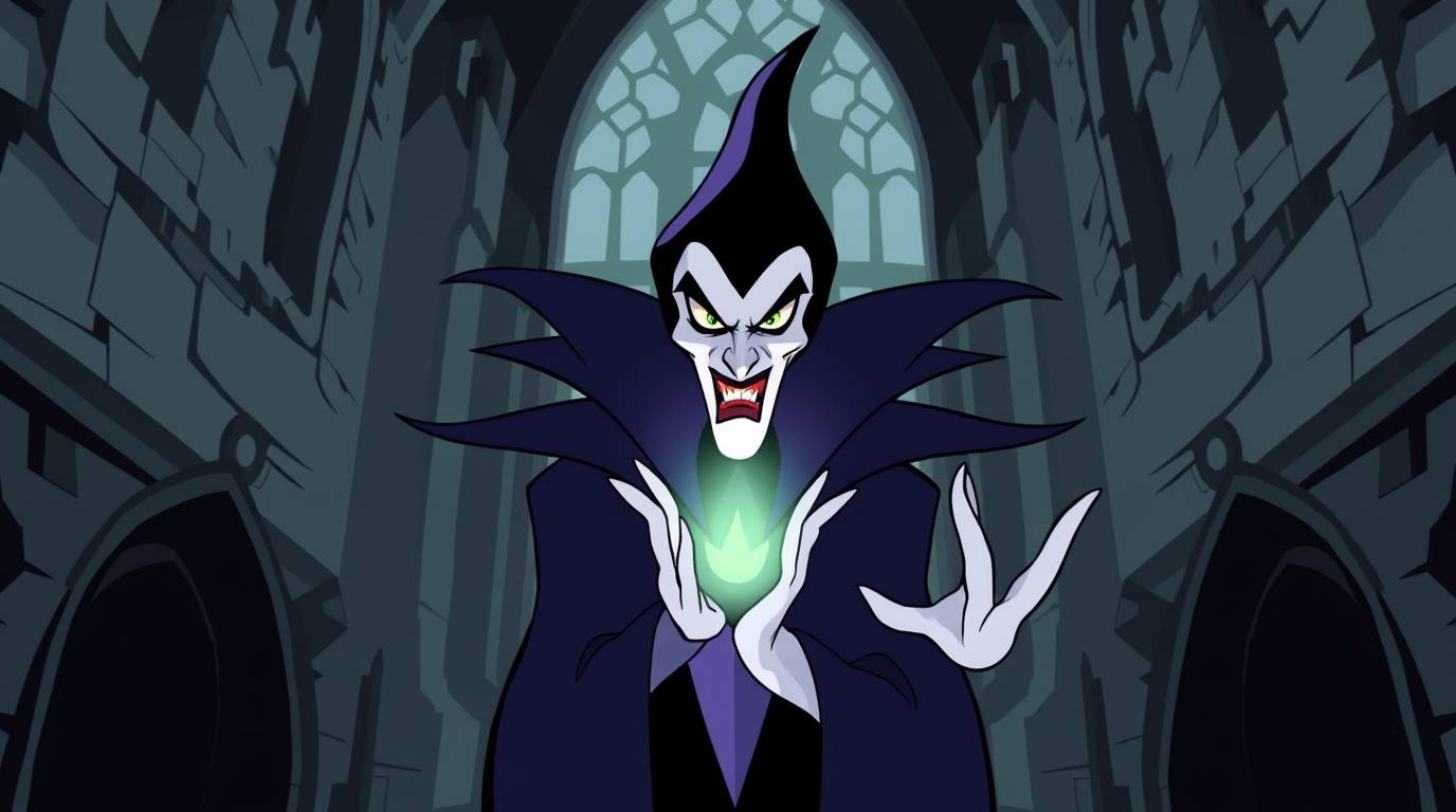 A captivating illustration of a classic Disney villain casting a spell within an old castle. The artwork features sharp, cle