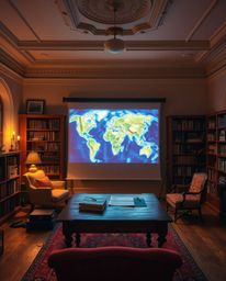 This high-resolution stock photo features a captivating glowing map projection in a vintage study, showcasing vibrant electri