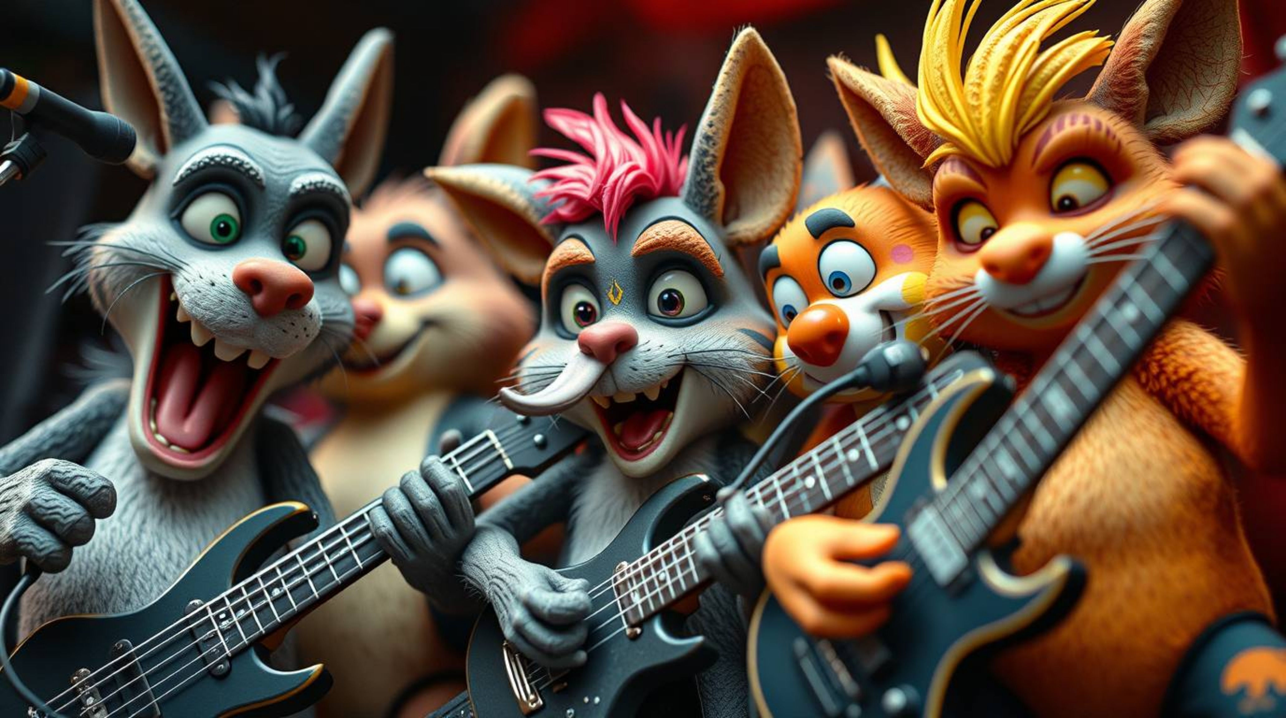 An extreme macro close-up captures the captivating details of a cartoon animal band passionately playing rock music. This ima