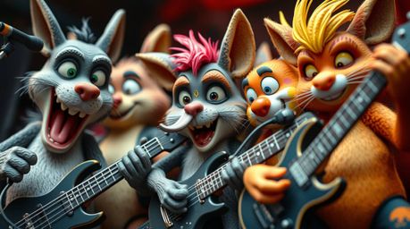 An extreme macro close-up captures the captivating details of a cartoon animal band passionately playing rock music. This ima
