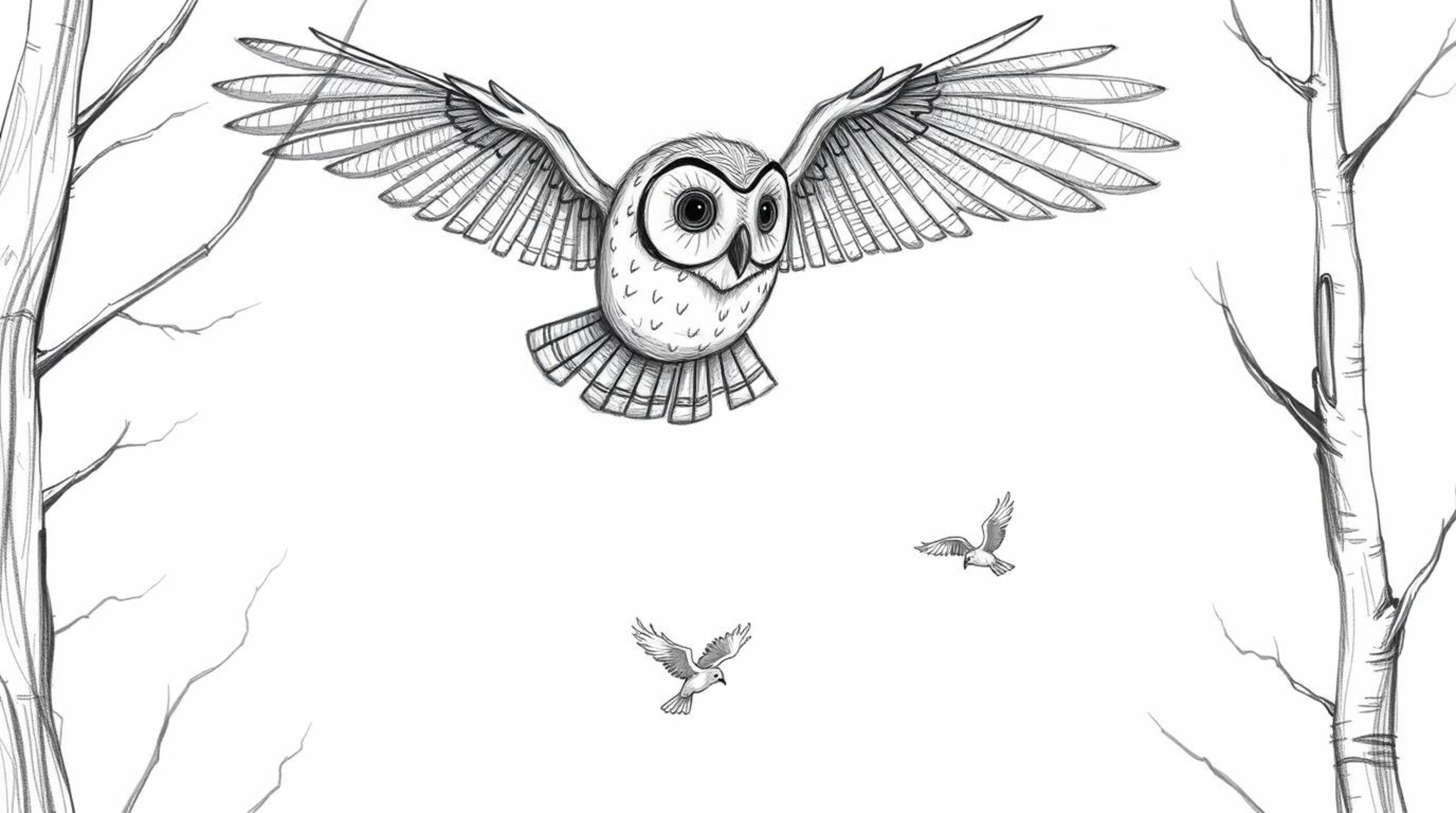 A captivating Pixar-style sketch featuring a blind owl with meticulously drawn feathers, gracefully gliding between trees whi