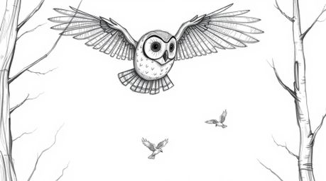 A captivating Pixar-style sketch featuring a blind owl with meticulously drawn feathers, gracefully gliding between trees whi