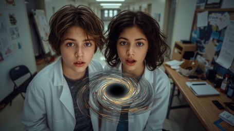 A highly detailed, cinematic photograph captures a dynamic duo of two diverse young scientists in a cluttered high school sci