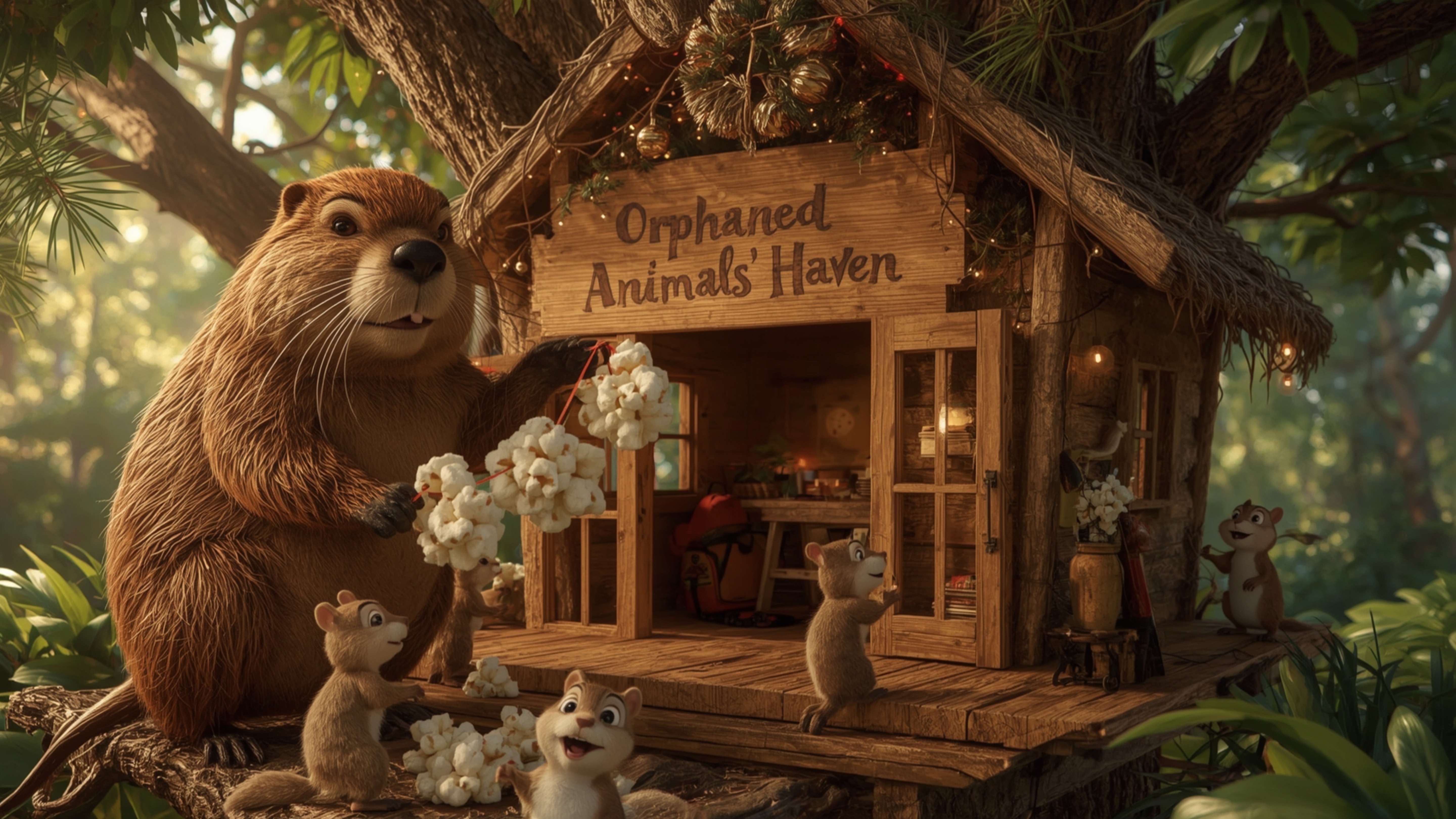A highly detailed, high-resolution stock photo shows a beaver with a kind face and shiny brown fur building an intricately de