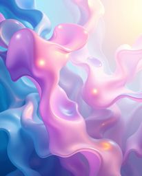 This image showcases an ethereal and spiritual concept through colorful 3D fluid shapes harmoniously interacting with geometr