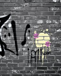 This photograph captures a compelling contrast between a timeless black and white aesthetic and vibrant, graffiti-style splas