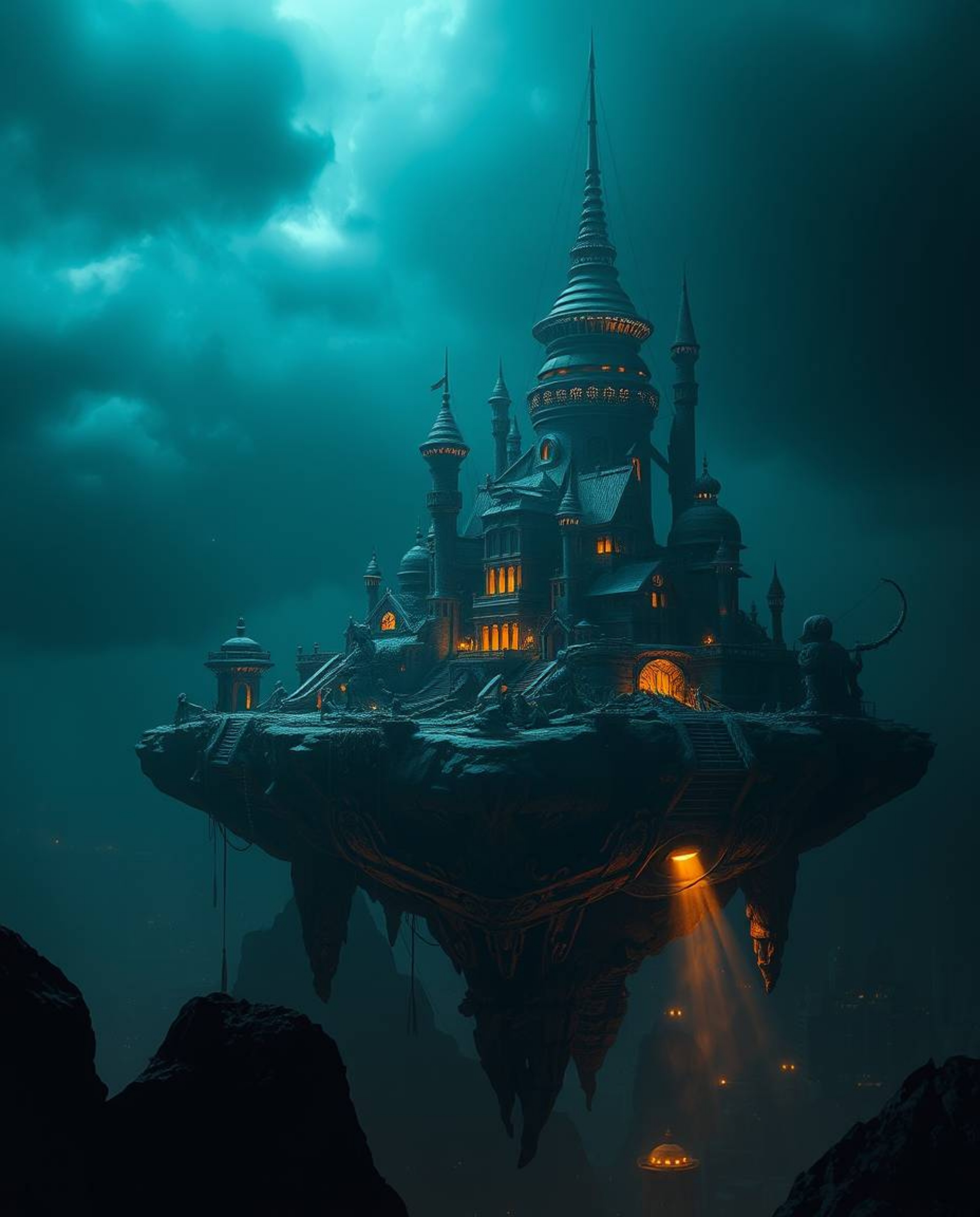 Explore a surreal floating island with bizarre architecture bathed in dramatic, intense lighting. The high contrast creates a