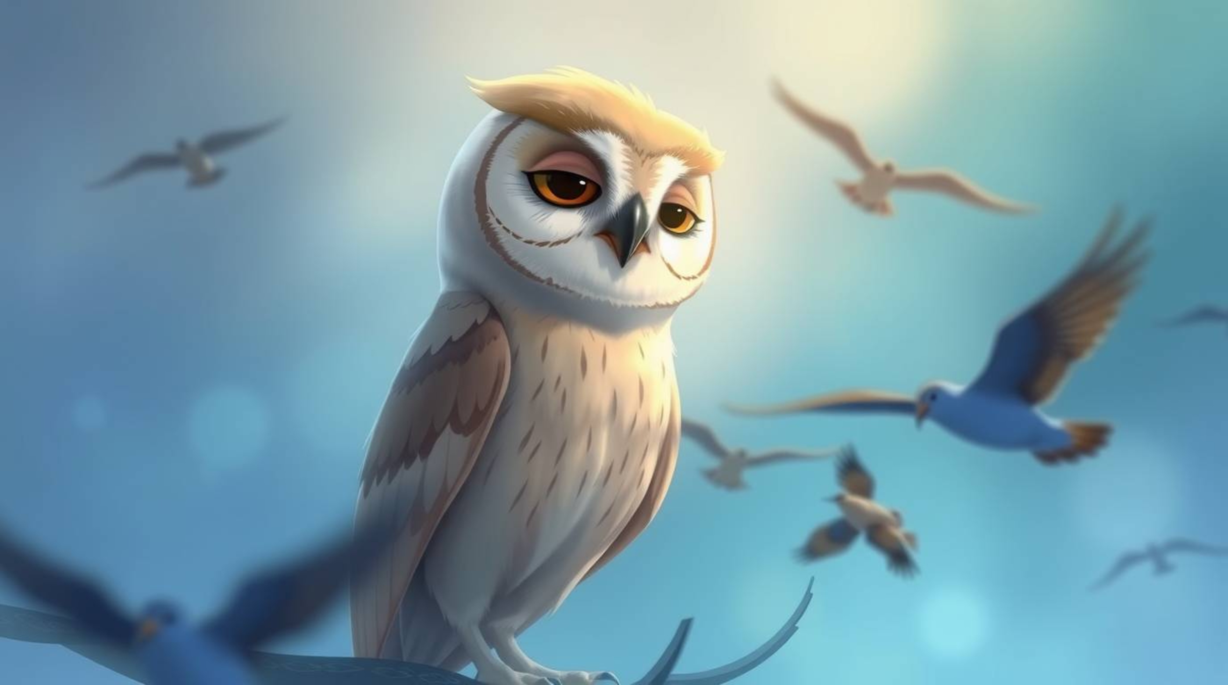 This Pixar-style illustration captures a blind owl with a serene expression and light brown feathers, watching birds fly belo