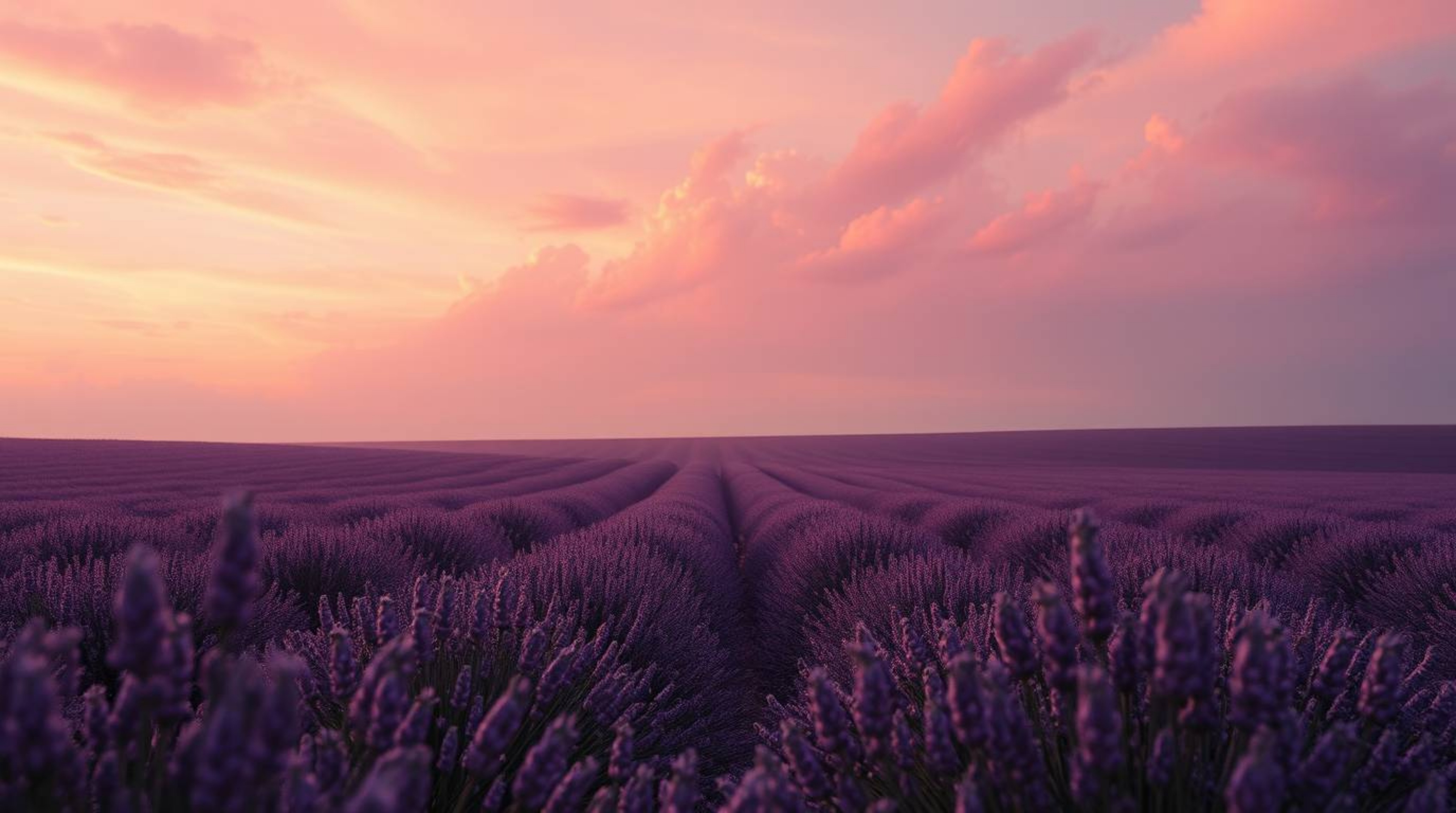 Explore a dramatic, cinematic digital painting showcasing lavender fields bathed in the ethereal glow of a dreamy pink sky. T