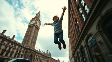 A stunning low-angle perspective captures a young boy soaring above London, bathed in the glow of electric vivid pixie dust. 