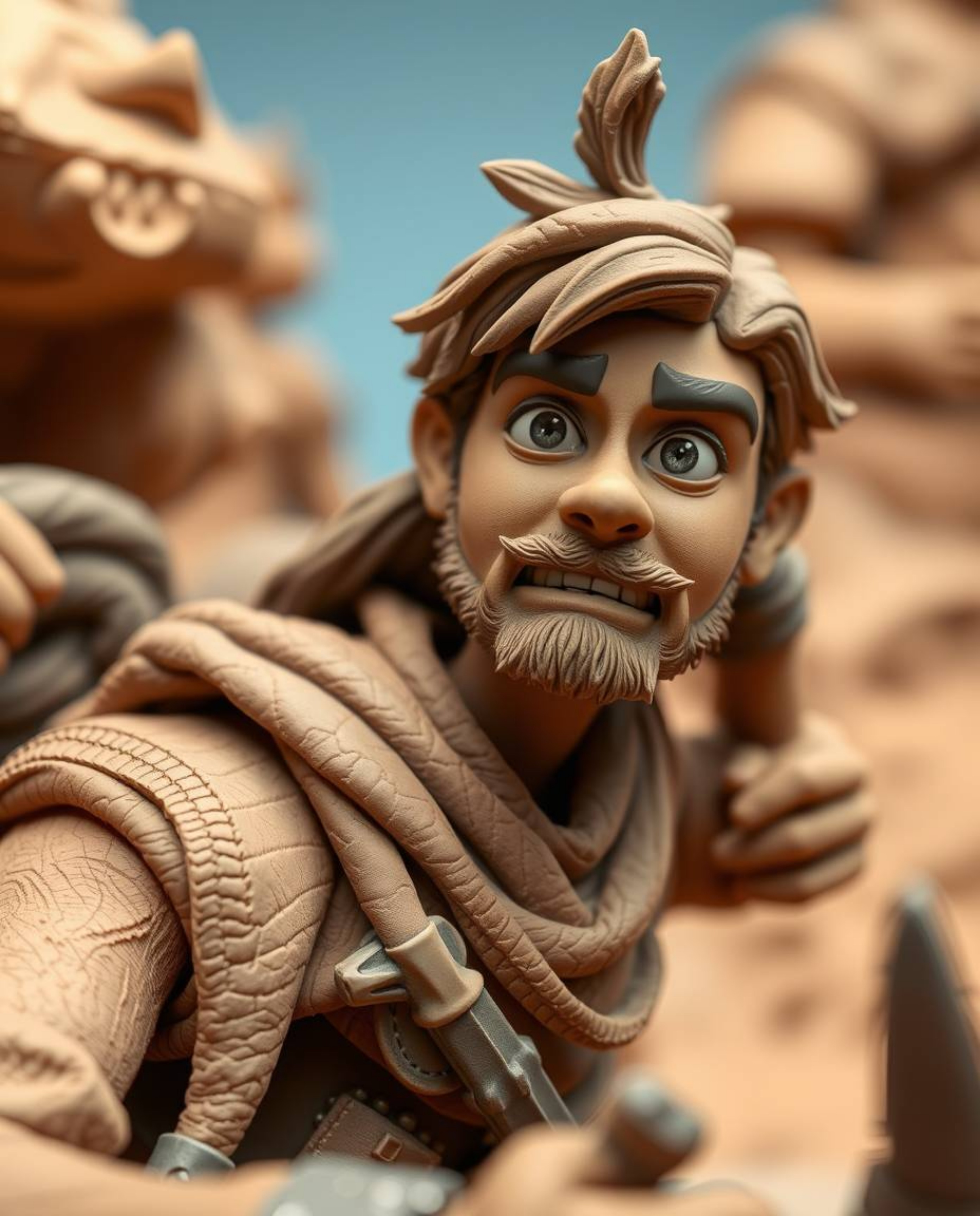 A captivating close-up showcases a detailed clay sculpture of a brave hero embarking on a Disney-style desert adventure. The