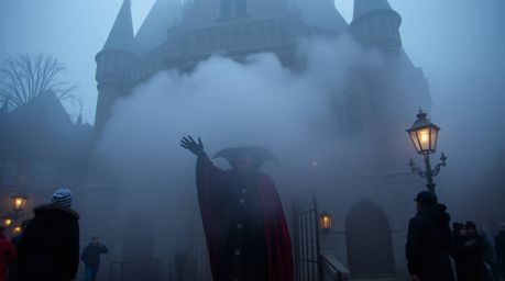 A classic Disney villain, shrouded in thick fog, performs a spell within the ancient walls of an old castle located in an urb