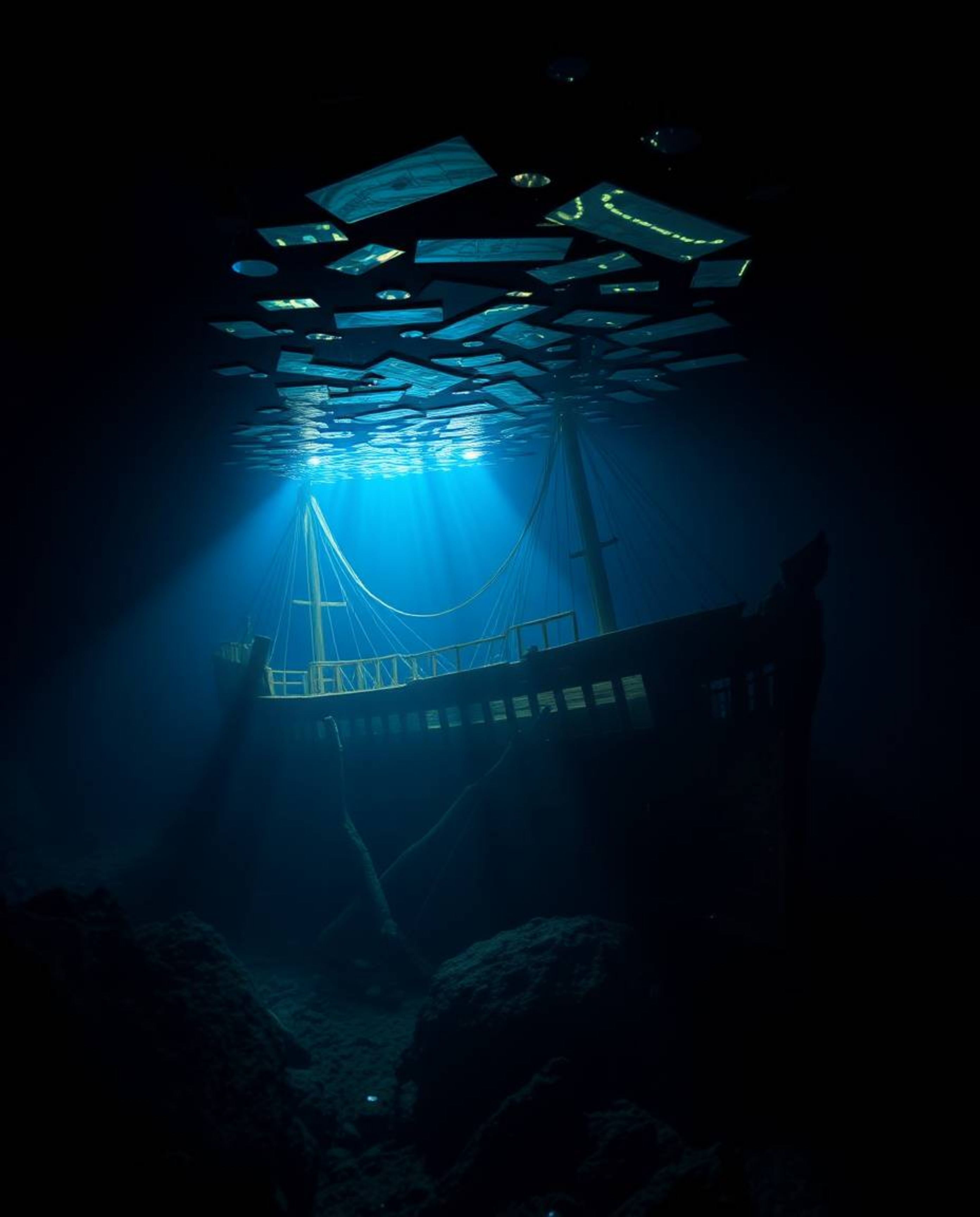 Explore the mesmerizing beauty of an underwater shipwreck brought to life through creative light art and abstract patterns. T