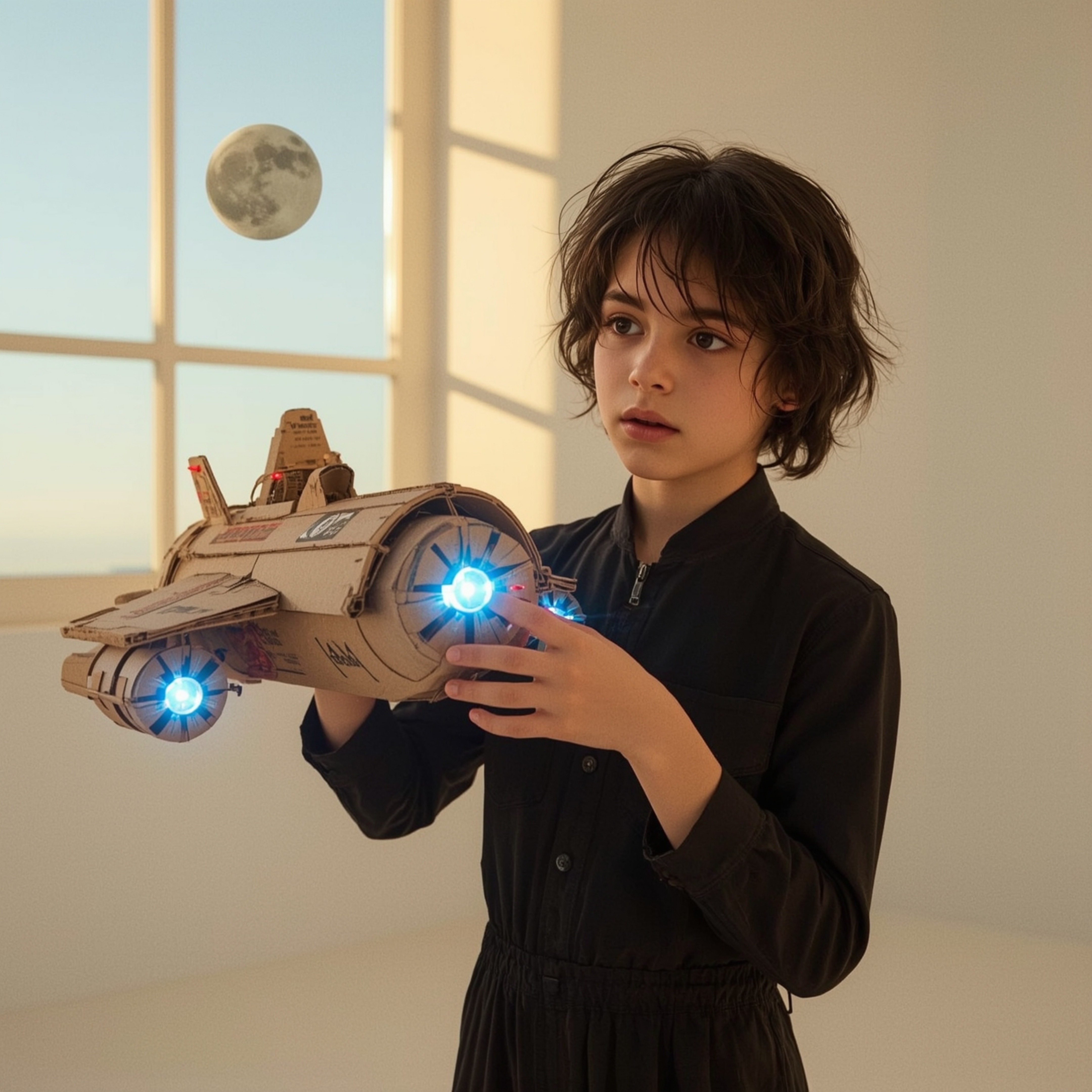 Exquisite high-fashion photography captures a boy with bright, curious eyes building an intricately detailed cardboard spaces