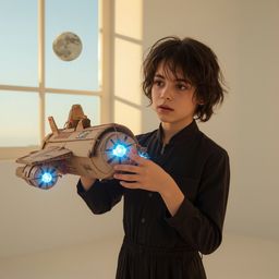 Exquisite high-fashion photography captures a boy with bright, curious eyes building an intricately detailed cardboard spaces