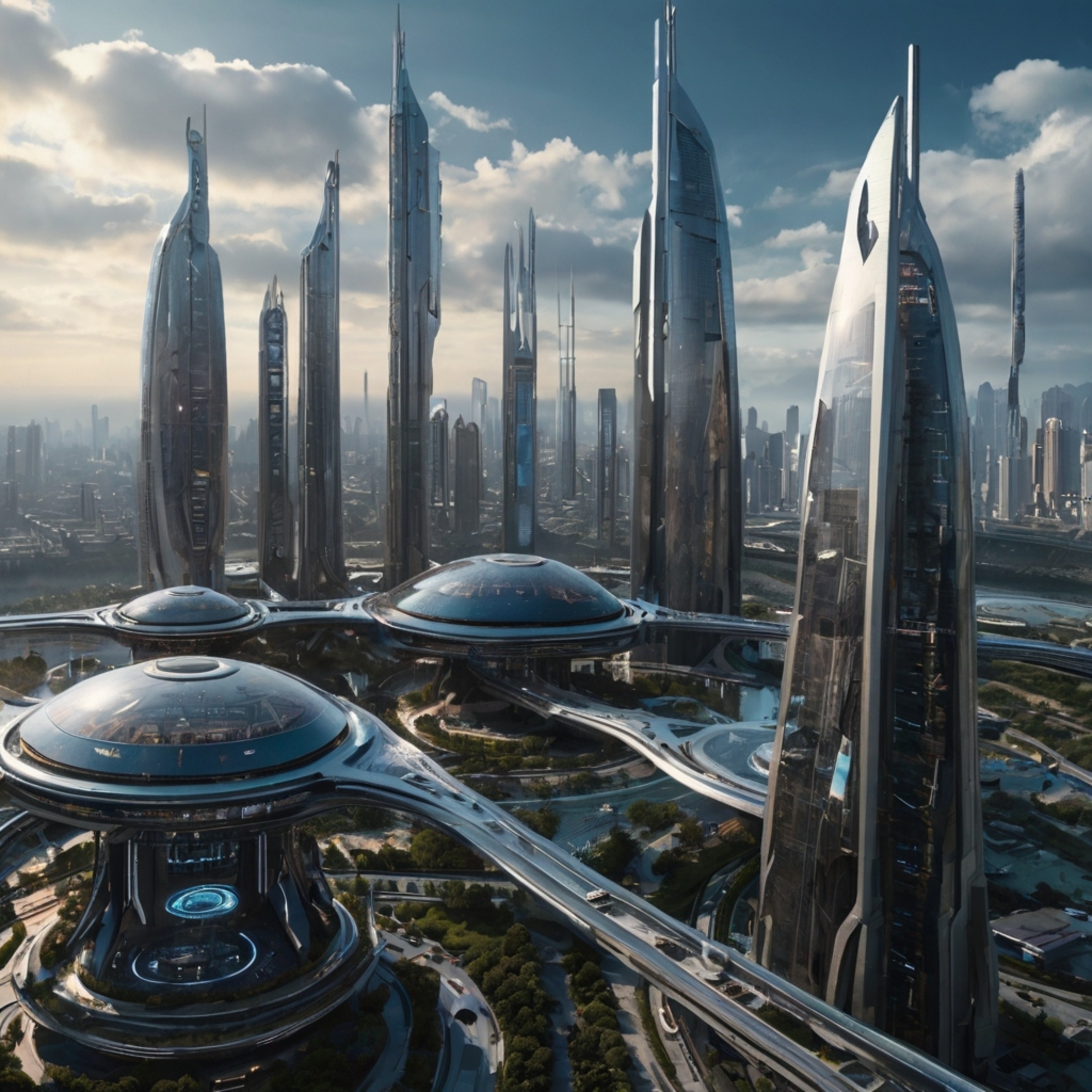 Imagine a breathtaking futuristic city that stretches as far as the eye can see.  This urban marvel features sleek, flying ve