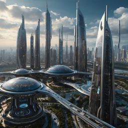 Imagine a breathtaking futuristic city that stretches as far as the eye can see.  This urban marvel features sleek, flying ve