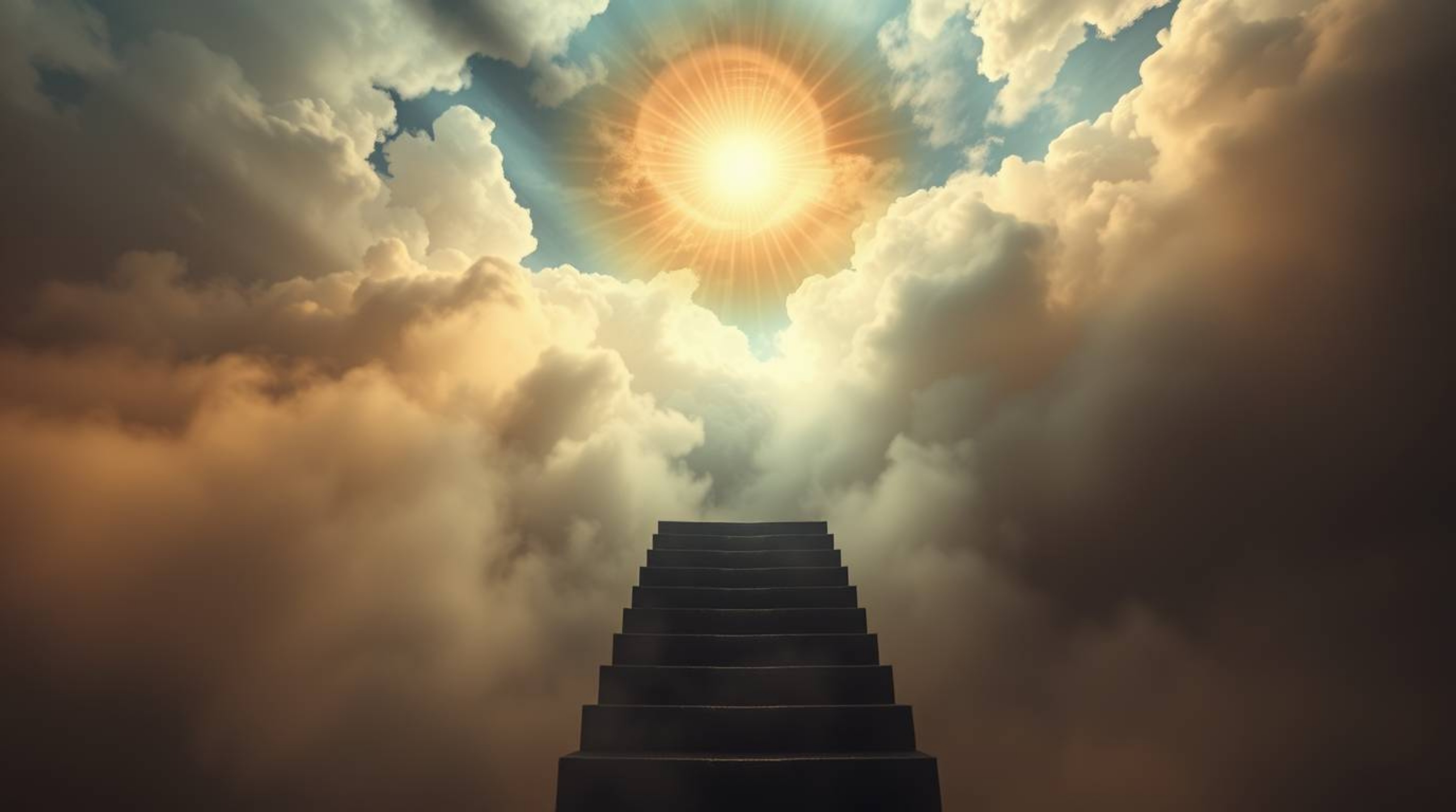A captivating fine art photograph portrays a surreal stairway dramatically ascending through smoky clouds toward a celestial 
