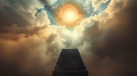 A captivating fine art photograph portrays a surreal stairway dramatically ascending through smoky clouds toward a celestial 