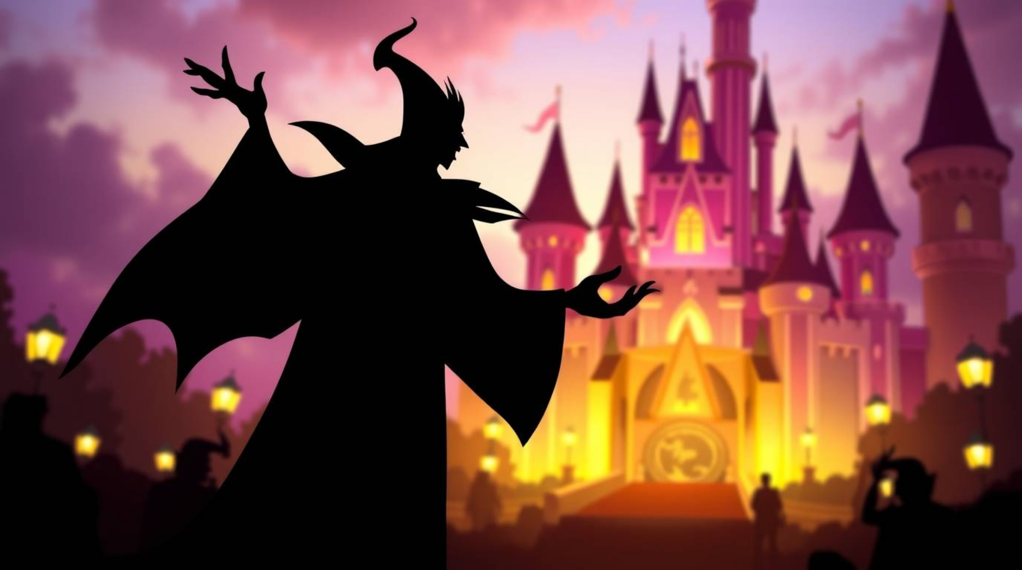 A captivating image of a silhouetted Disney villain casting a spell within a brightly lit castle. The backlighting creates a